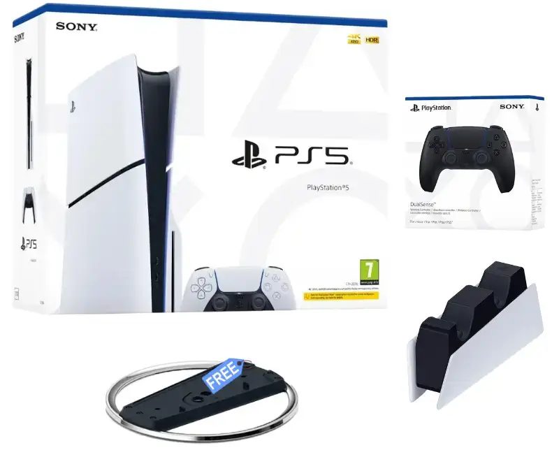 Pack console Sony PlayStation 5 blanc avec une manette noire, une station de charge et des accessoires