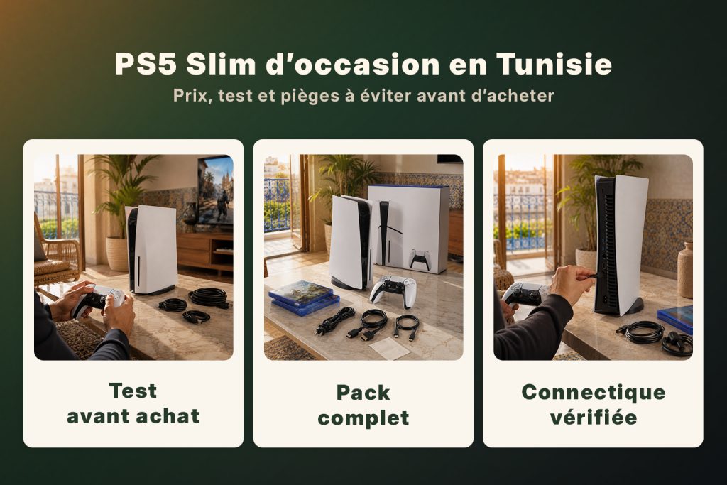 Guide d’achat PS5 Slim d’occasion en Tunisie avec test avant achat, pack complet et connectique à vérifier