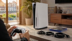 PS5 Slim d’occasion en Tunisie avec manette DualSense, câbles et jeu à tester avant achat
