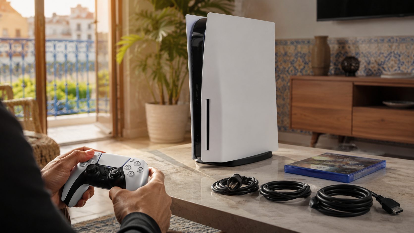 PS5 Slim d’occasion en Tunisie avec manette DualSense, câbles et jeu à tester avant achat