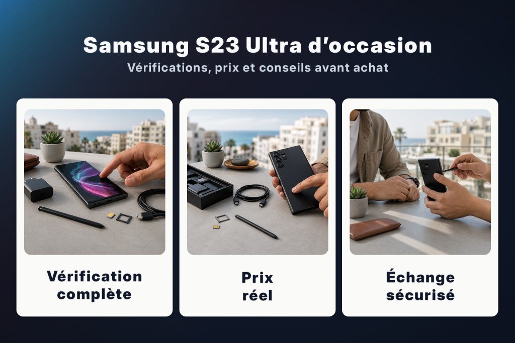 Visuel guide Samsung S23 Ultra d’occasion en Tunisie avec trois conseils avant achat : vérification complète, prix réel et échange sécurisé