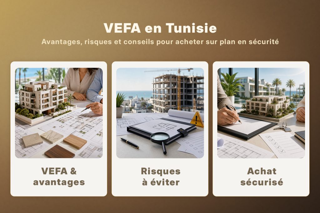 Visuel explicatif sur la VEFA en Tunisie avec les avantages, les risques à éviter et les conseils pour sécuriser un achat sur plan