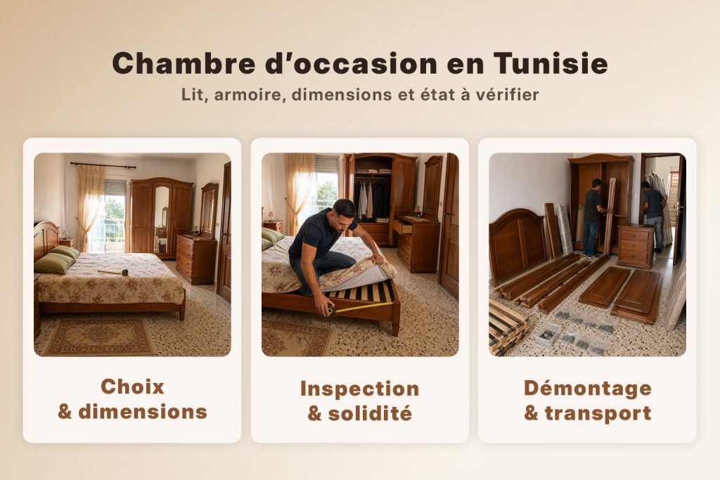 Infographie sur l’achat d’une chambre à coucher d’occasion en Tunisie : choix des dimensions, inspection, démontage et transport
