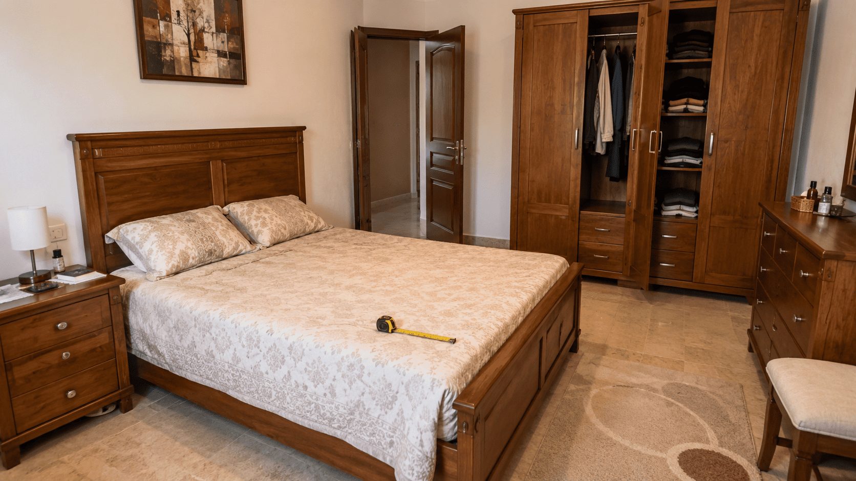 Chambre à coucher d’occasion en bois avec lit double, armoire ouverte et commode en Tunisie