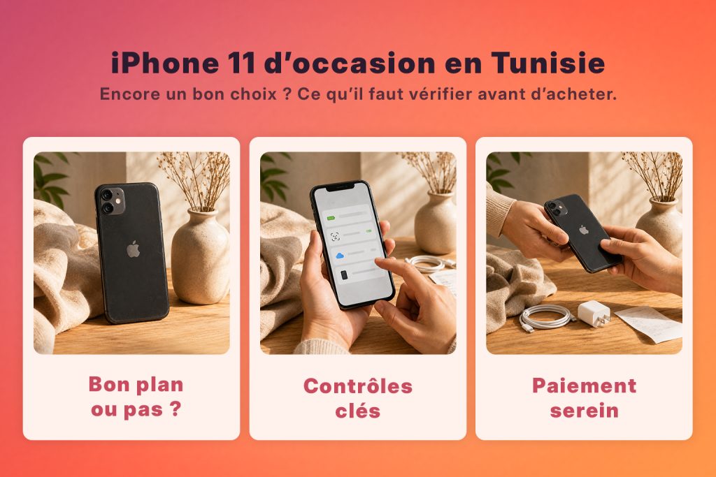iPhone 11 d’occasion en Tunisie avec conseils pour vérifier batterie, Face ID, iCloud et paiement avant achat
