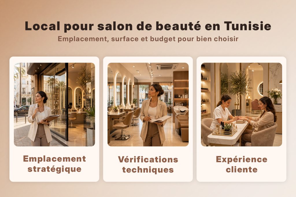 Local pour salon de beauté en Tunisie avec emplacement stratégique, vérifications techniques et expérience cliente