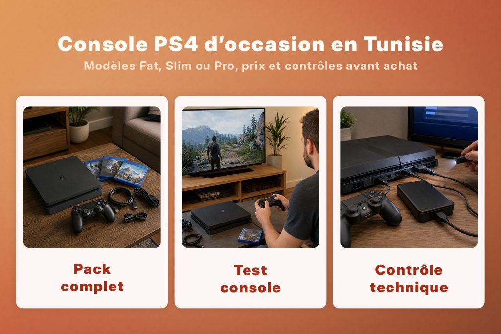 Guide d’achat d’une PS4 d’occasion en Tunisie avec modèles Fat, Slim et Pro, test console et contrôle technique