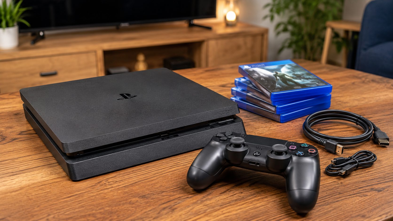 PS4 d’occasion en Tunisie avec manette, jeux et câbles pour jouer à petit budget