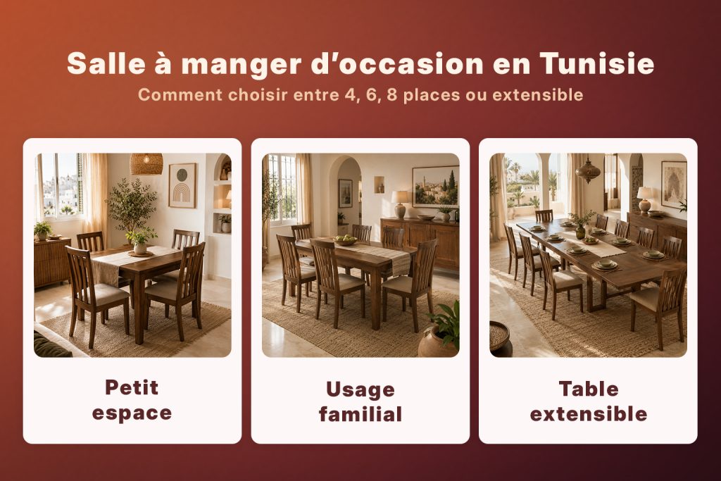 Visuel guide pour choisir une salle à manger d’occasion en Tunisie avec table 4, 6, 8 places ou extensible selon l’espace, l’usage familial et le budget.