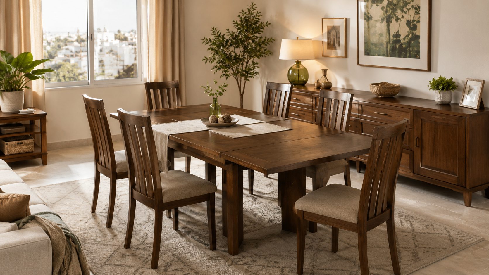 Salle à manger d’occasion en Tunisie avec table extensible 6 places, chaises assorties et espace lumineux à choisir selon la pièce, l’état et le transport.