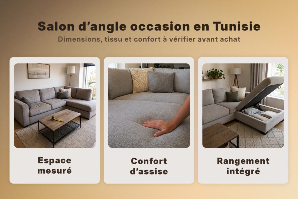 Guide pour choisir un salon d’angle d’occasion en Tunisie avec dimensions, mousse, confort et coffre de rangement à vérifier avant achat