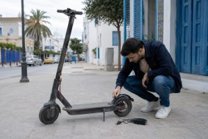 Acheteur vérifiant une trottinette électrique d’occasion en Tunisie avant achat