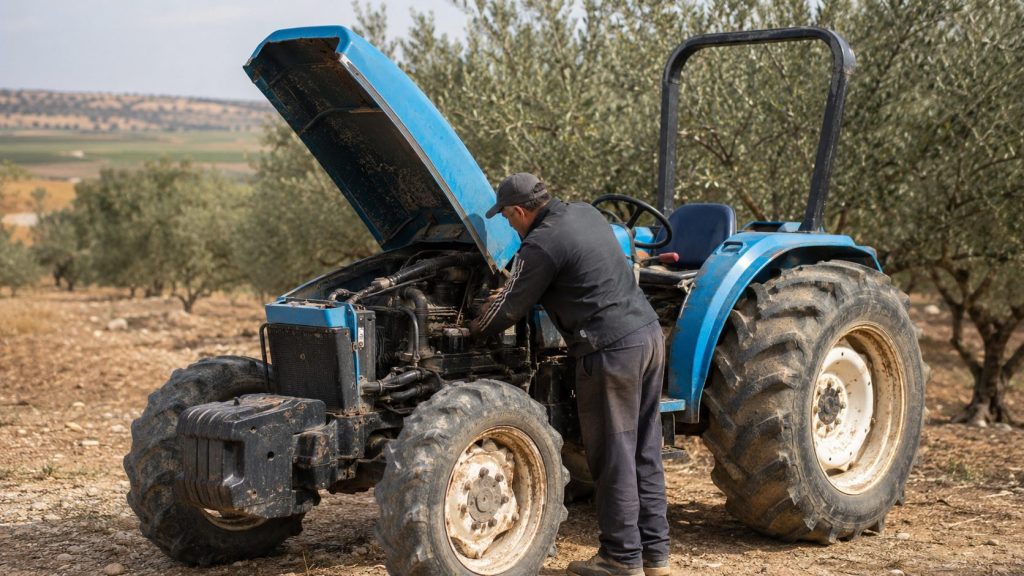 Vérification du moteur d’un tracteur agricole d’occasion dans une exploitation