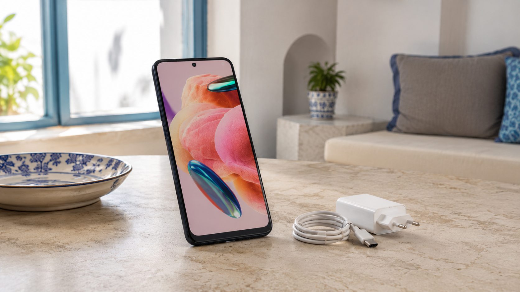 Xiaomi Redmi Note 12 d’occasion posé avec son chargeur et son câble USB-C dans un intérieur lumineux.