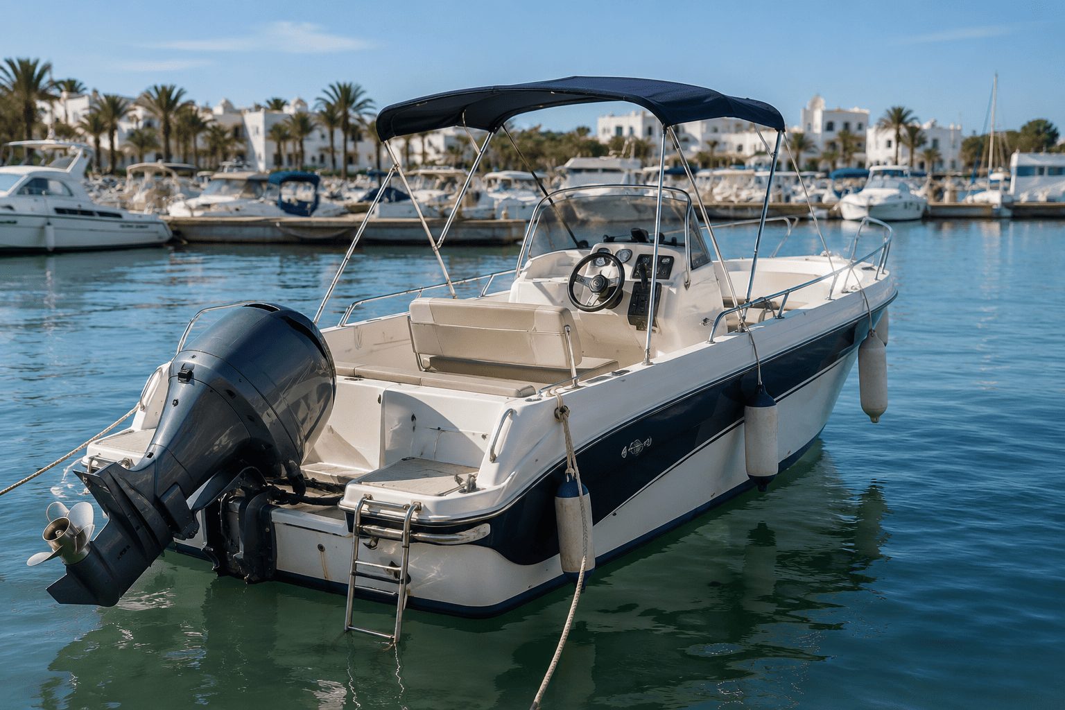 Bateau d’occasion en Tunisie avec moteur hors-bord dans une marina
