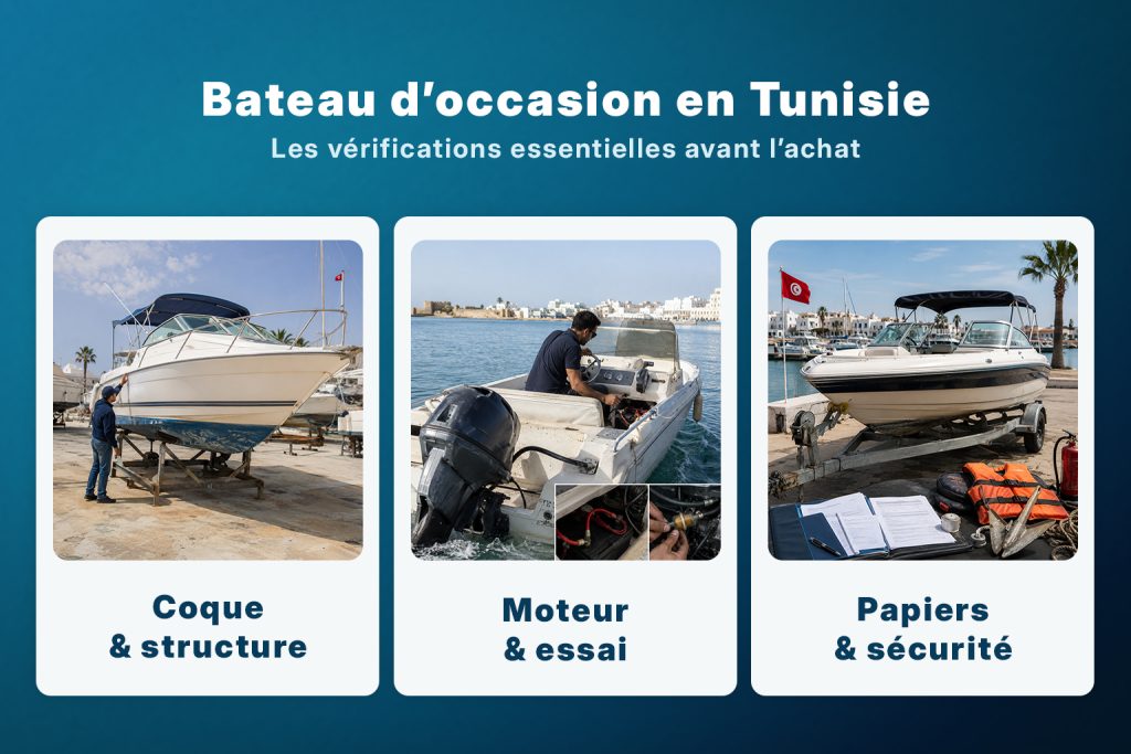 Bateau d’occasion en Tunisie avec les vérifications de la coque, du moteur, des papiers et de la sécurité