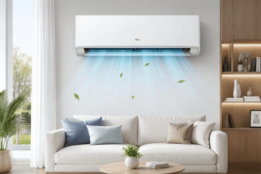 Climatiseur mural en fonctionnement avec diffusion d'air dans un séjour