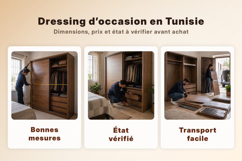 Dressing d’occasion en Tunisie avec portes coulissantes, dimensions, prix et état à vérifier avant achat.
