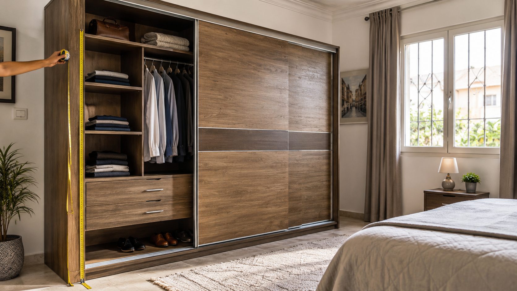 Dressing d’occasion en Tunisie avec portes coulissantes, rangements ouverts et prise de mesures avant achat.