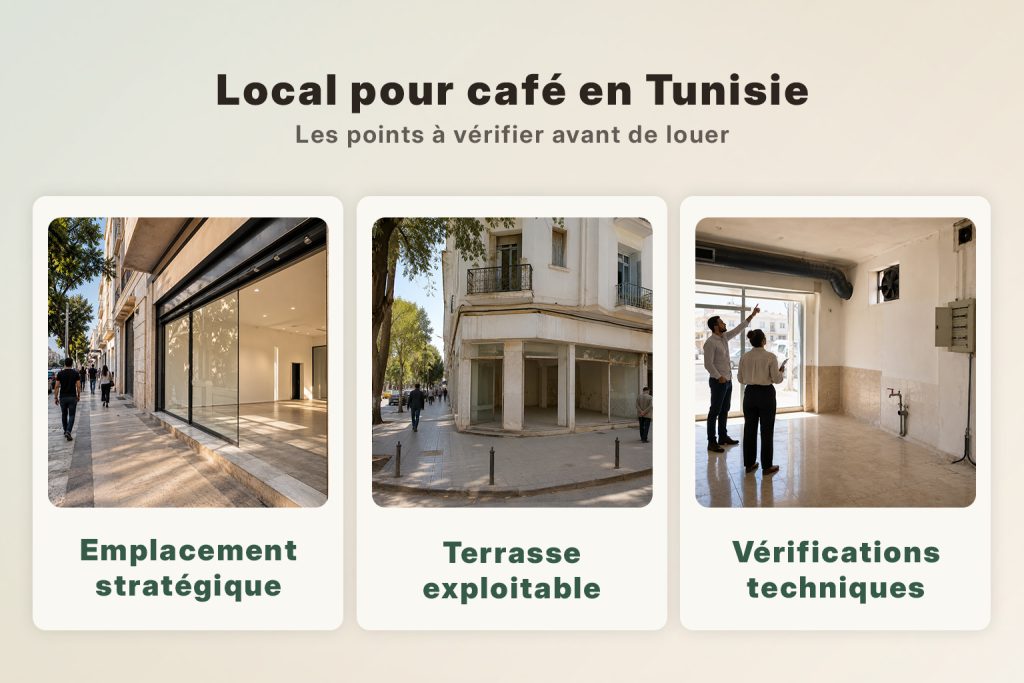 Local pour café en Tunisie avec emplacement stratégique, terrasse exploitable et vérifications techniques