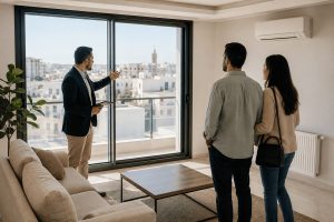 Couple visitant un appartement à vendre à Sfax avant achat