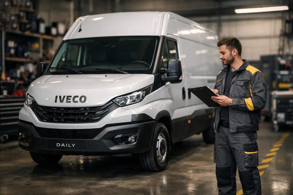 Technicien inspectant un fourgon Iveco Daily avec un presse-papier