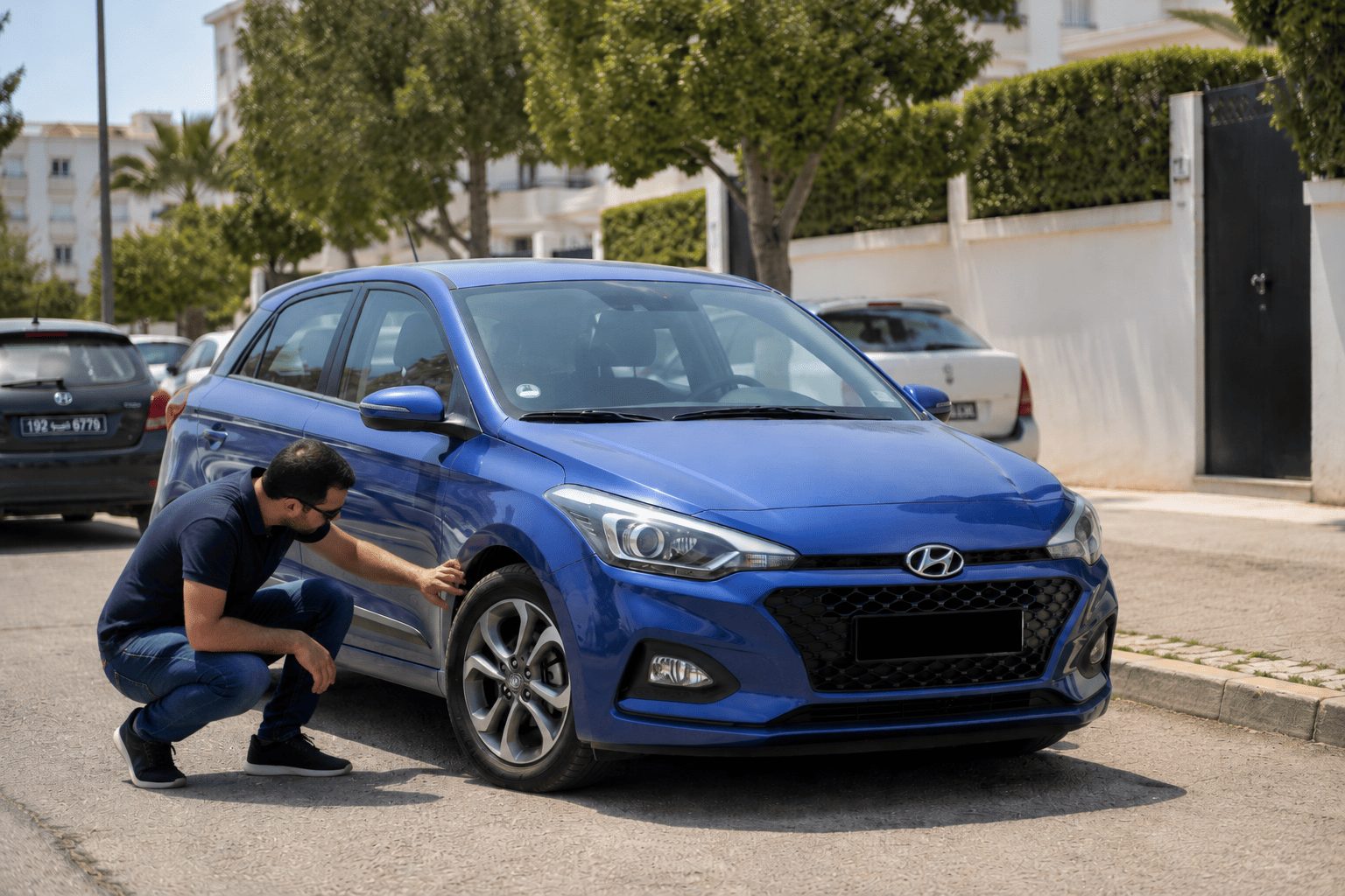 Acheteur vérifiant l’état d’une Hyundai i20 d’occasion avant achat en Tunisie