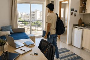 Étudiant visitant un logement dans le Grand Tunis avant la rentrée universitaire