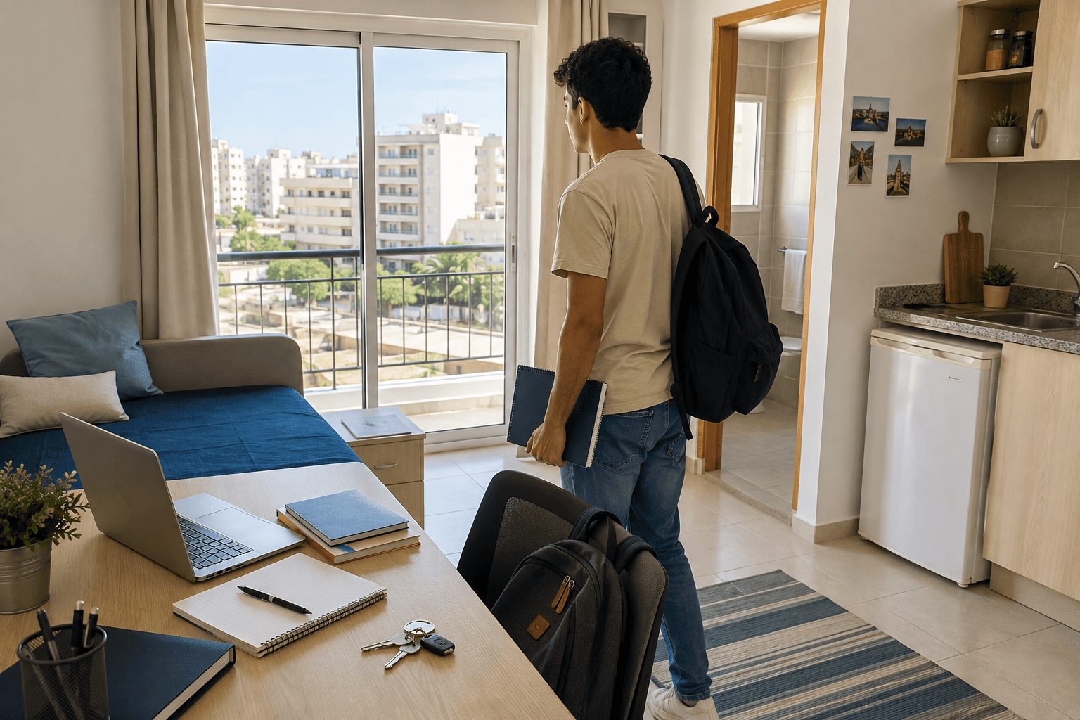 Étudiant visitant un logement dans le Grand Tunis avant la rentrée universitaire