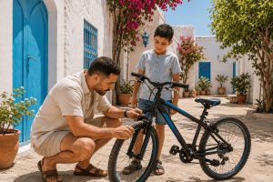 Parent vérifiant la taille, les freins et les roues d’un vélo enfant d’occasion en Tunisie
