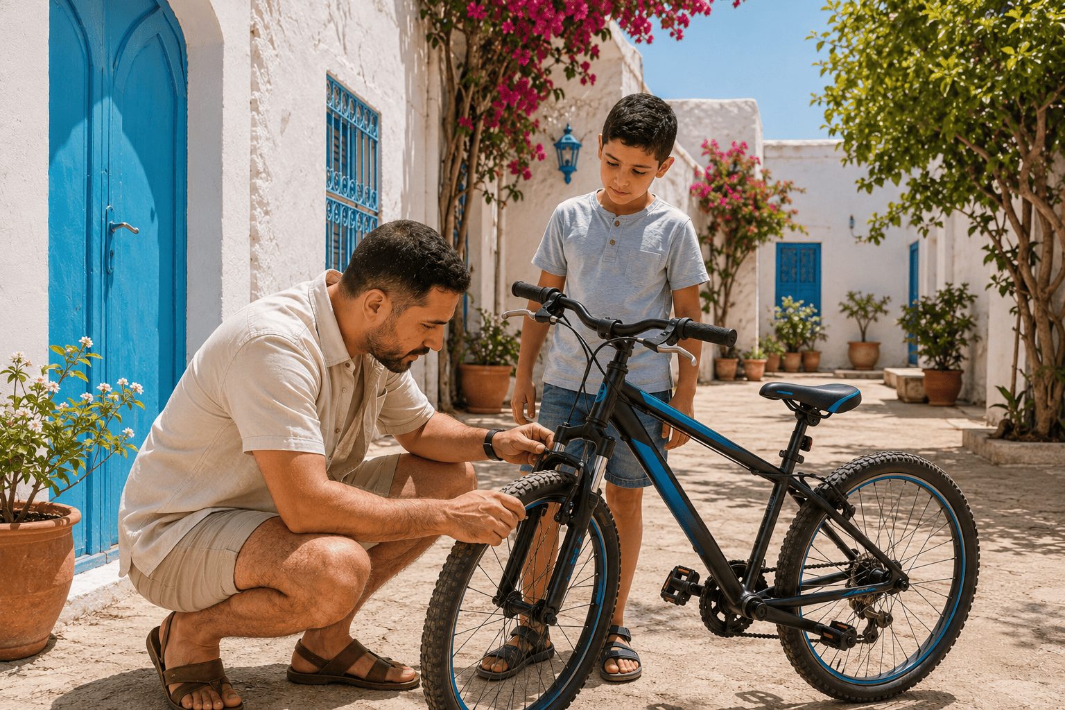 Parent vérifiant la taille, les freins et les roues d’un vélo enfant d’occasion en Tunisie