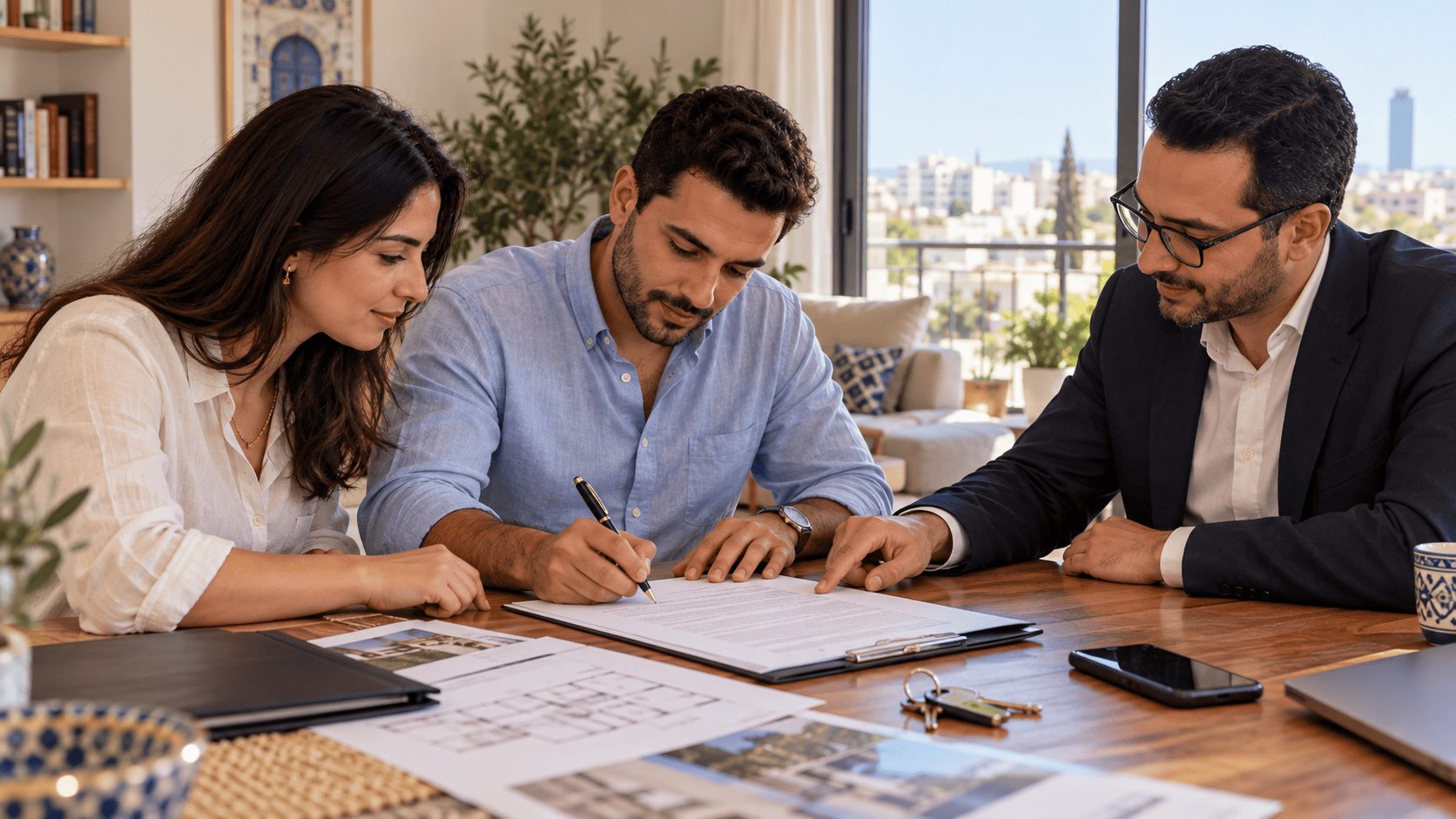 Signature d’une promesse de vente immobilière en Tunisie entre acheteur, vendeur et professionnel