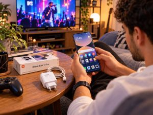 Jeune examinant un Xiaomi Redmi Note 14 Pro d’occasion en Tunisie avec sa boîte et ses accessoires