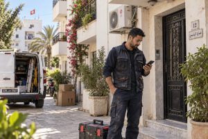 Technicien en Tunisie consultant son smartphone avant une intervention à domicile