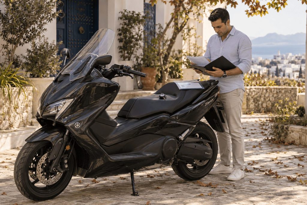 Acheteur qui vérifie la carte grise avant l'achat d'un scooter