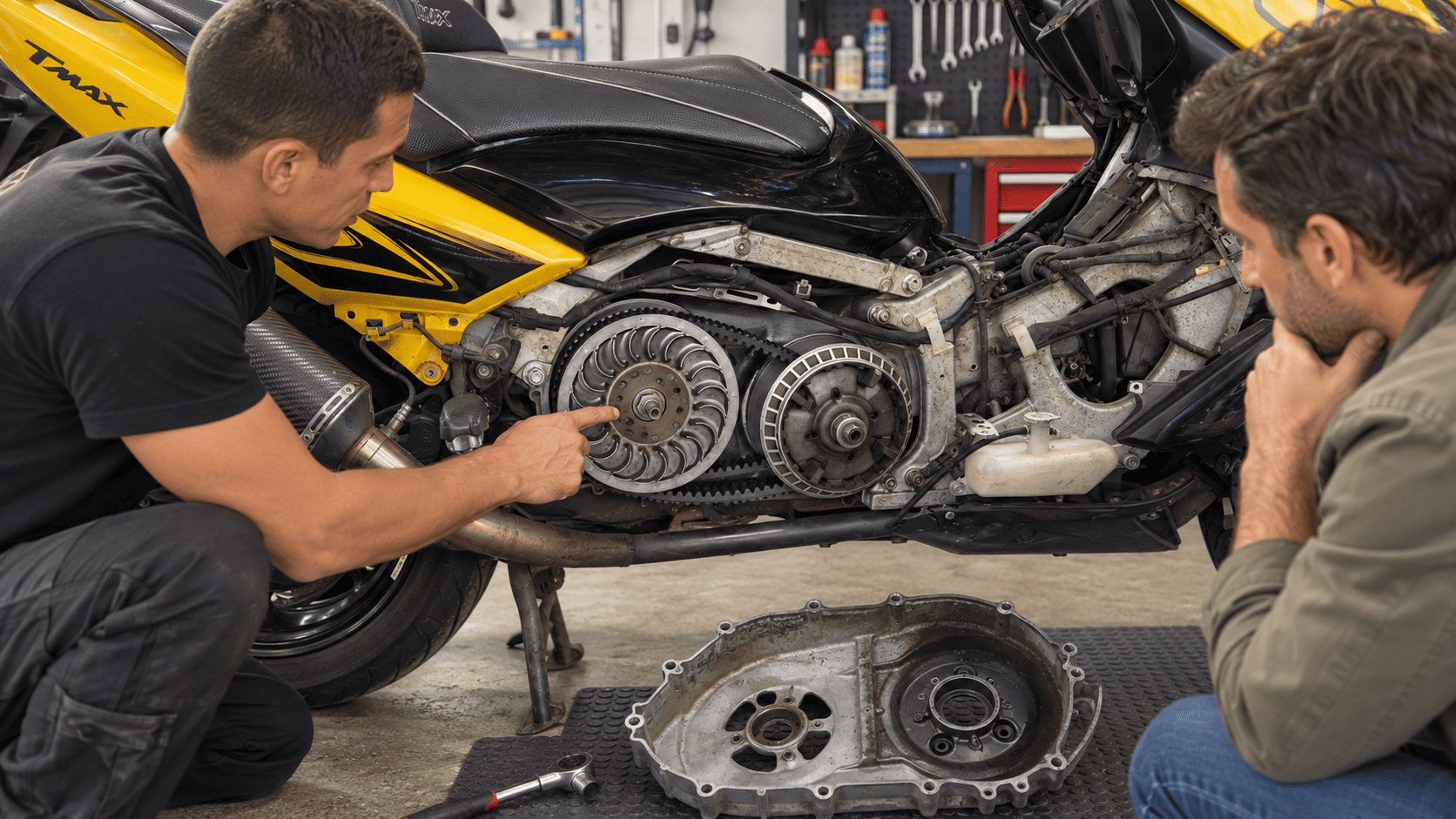 Vérification du variateur, de l’embrayage et de la transmission d’un Yamaha TMAX 500 d’occasion