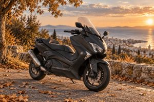 Yamaha TMAX 500 d’occasion en Tunisie dans un décor automnal