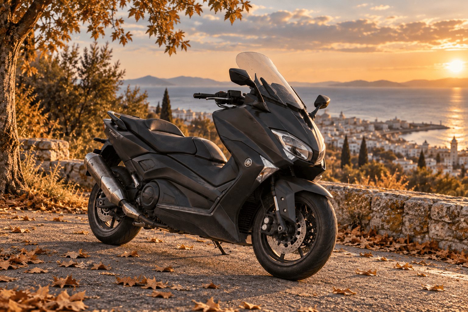 Yamaha TMAX 500 d’occasion en Tunisie dans un décor automnal