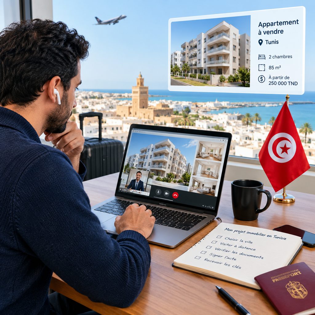 Depuis son salon en Europe, un Tunisien compare des annonces d'appartements sur son ordinateur