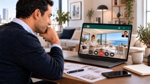 Échange en visioconférence avec un agent immobilier pour découvrir un logement