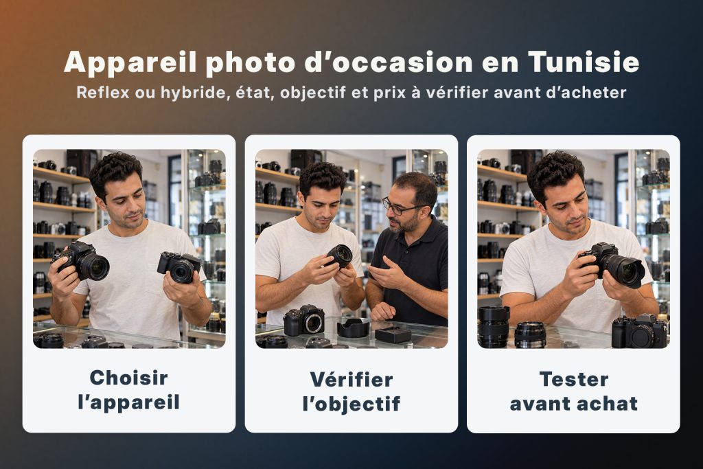Appareil photo d’occasion en Tunisie avec choix du modèle, vérification de l’objectif et test avant achat
