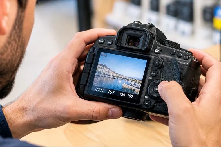 Acheteur testant un appareil photo d’occasion en Tunisie et vérifiant l’écran et les commandes
