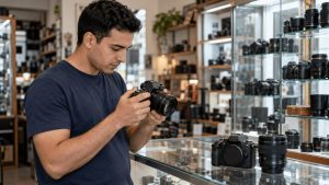 Homme vérifiant un appareil photo d’occasion en bon état avant achat en Tunisie