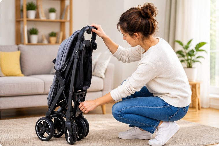 Vérification du pliage d’une poussette compacte d’occasion