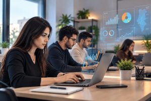 Étudiants en formation Data Analyst en Tunisie, travaillant sur des ordinateurs avec des graphiques d’analyse de données.