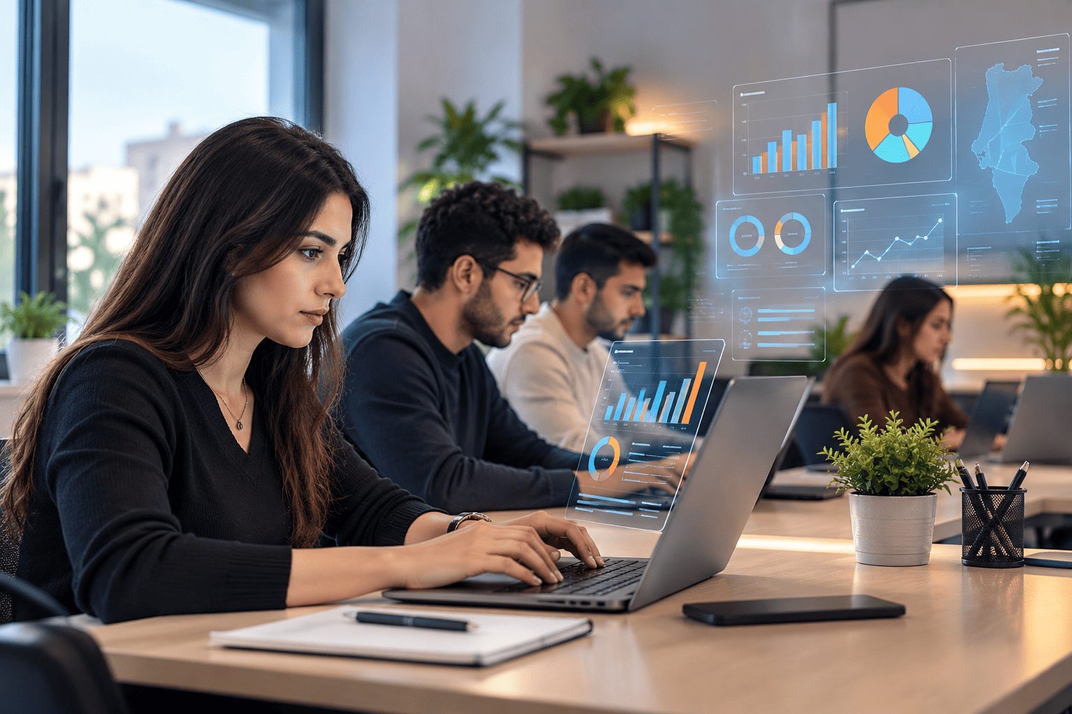 Étudiants en formation Data Analyst en Tunisie, travaillant sur des ordinateurs avec des graphiques d’analyse de données.