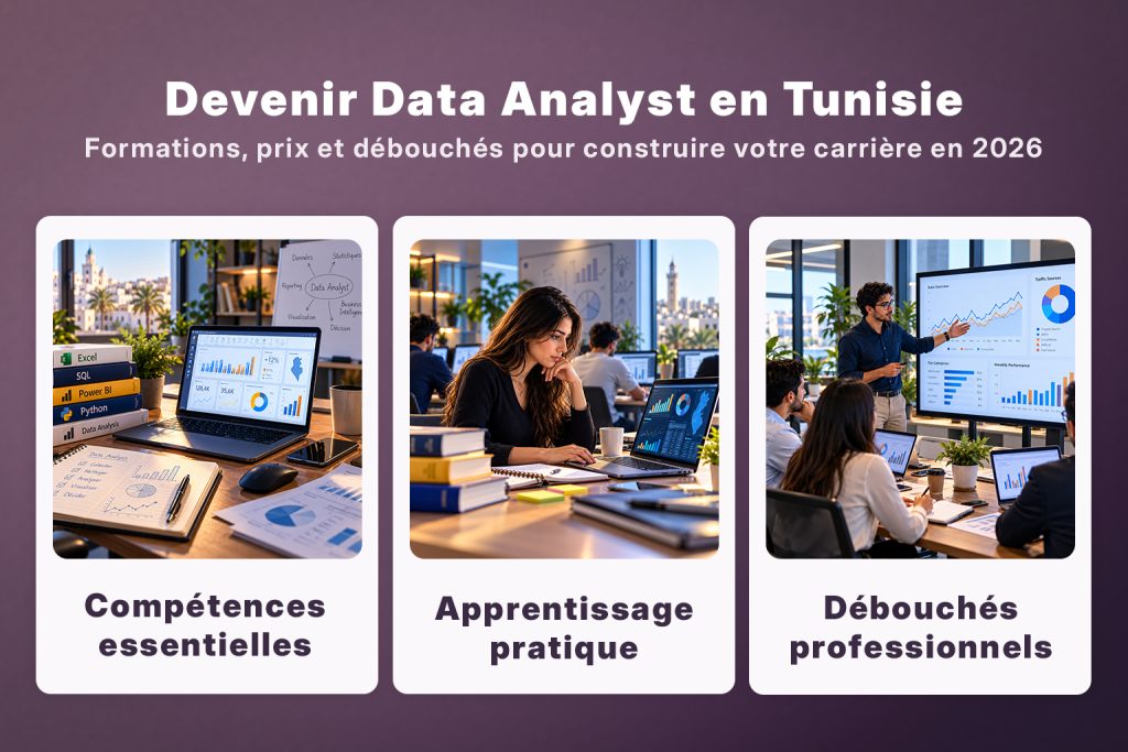 Visuel de formation Data Analyst en Tunisie illustrant les compétences Excel, SQL et Power BI, l’apprentissage pratique et les débouchés professionnels.