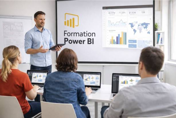 Participants à une formation Power BI en salle avec un formateur et des ordinateurs.