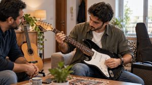 Acheteur testant une guitare électrique d’occasion chez un particulier avant achat en Tunisie