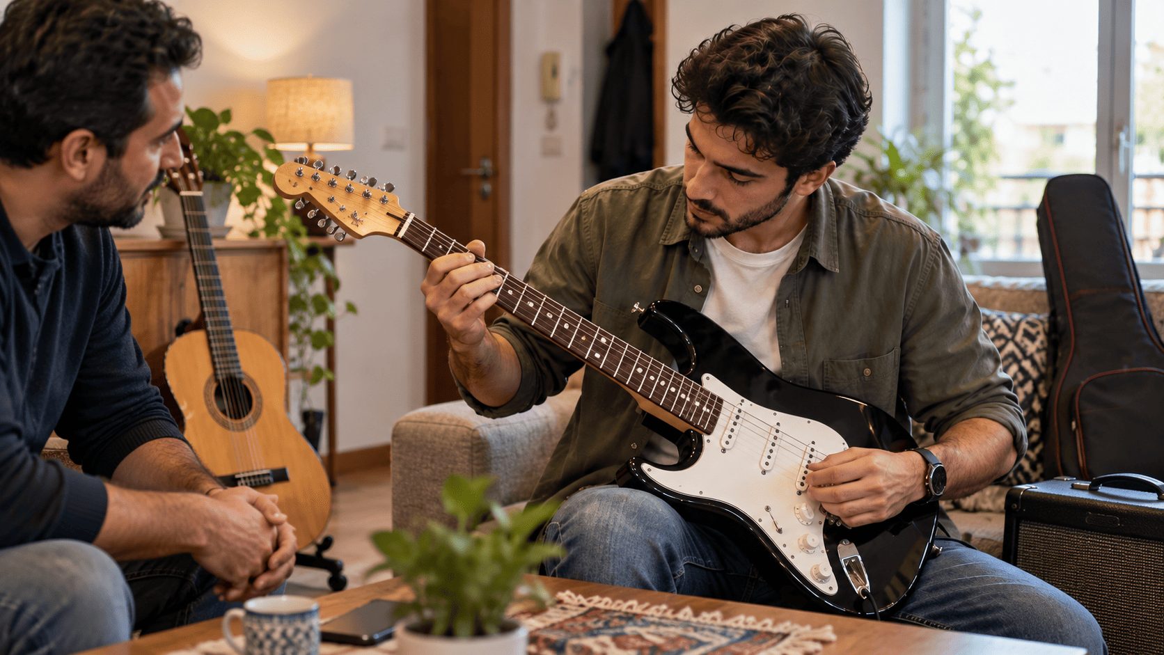 Acheteur testant une guitare électrique d’occasion chez un particulier avant achat en Tunisie